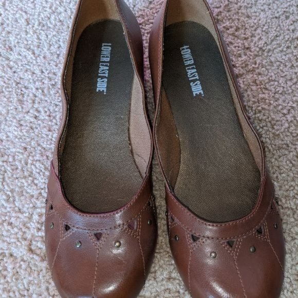 LOWER EAST SIDE WOMENS BROWN FAUX LEATHER LOW WEDGE HEELS SLIP ON SHOES SIZE 8.5 - Picture 12 of 13